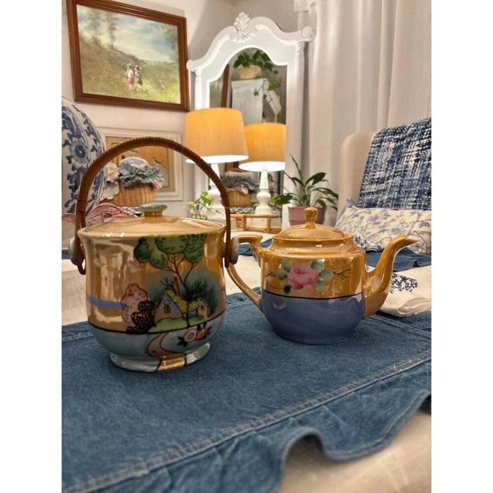 Vintage Japanese Luster Ware Biscuit Jar & Tea Pot Lot